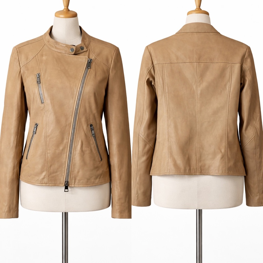 Tan 100% Genuine Leather Biker/Moto Jacket- US L